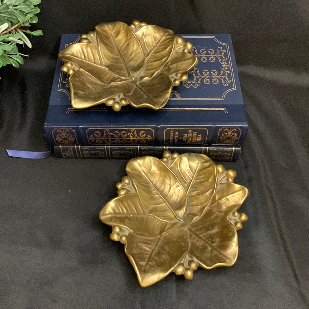 Set of 2 Vintage / antique CHC 5903 solid brass footed lemon leaf and berry dish
